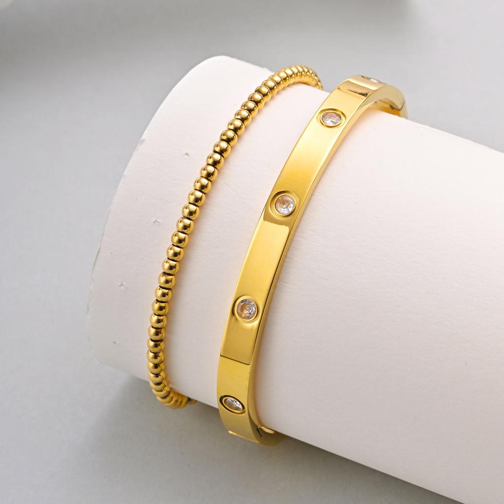 Fashion Stackable Stainless Steel Beads Bracelet for Women, Cubic Zircon Gold Plated Bangle, Waterproof Light Luxury Jewelry