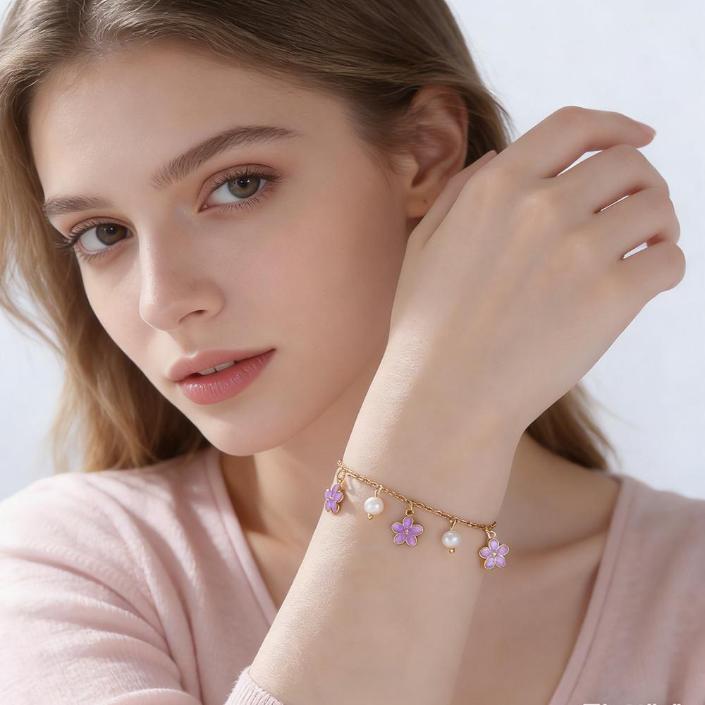Cazador Enamel Flower Plumeria Imitation Pearl Charms Bracelet Gold Color Women's Bracelet Stainless Steel Jewelry Gift 2026