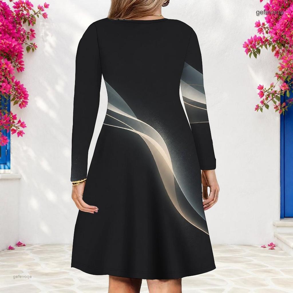Women Plus Size V Neck Long Sleeve Rainbow Printed A Line Dress