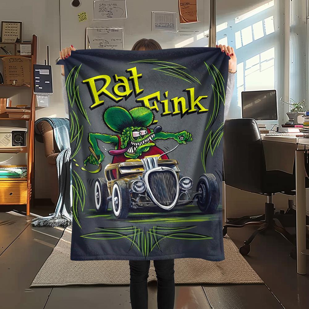 1PC Rat Fink Print Flannel Blanket, High Quality All Seasons, Home Decor, Warmth and Comfort, Perfect for Christmas Gifts