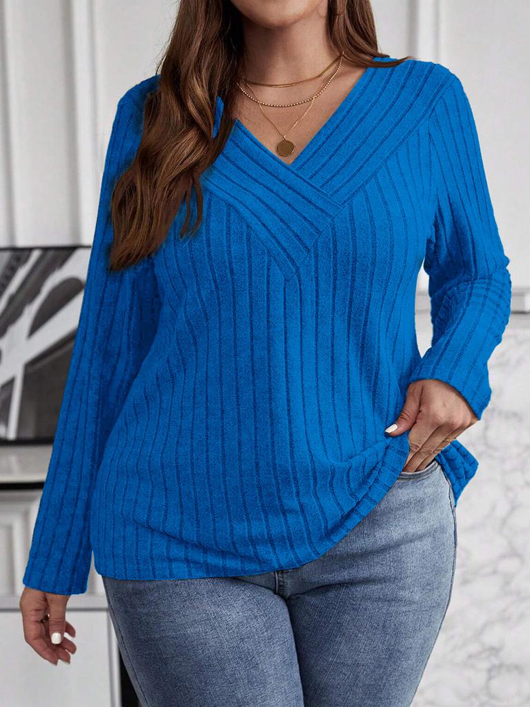 Plus Size Women Ribbed Knit Cross Wrap V Neck Long Sleeve Casual Loose Fit Pullover Sweater Top