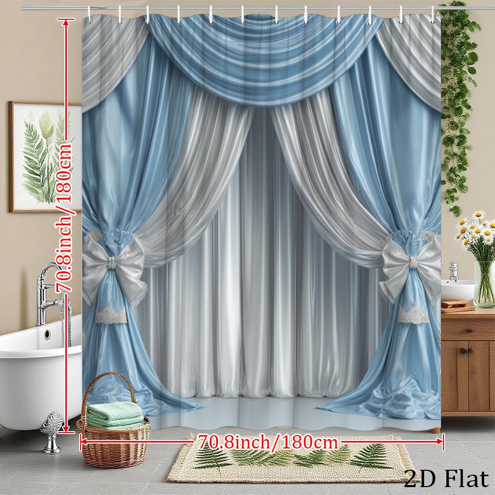 Elegant Blue And White Drapes With Bow Design Shower Curtain Machine Washable All Season Waterproof Privacy Protection 12 Hooks