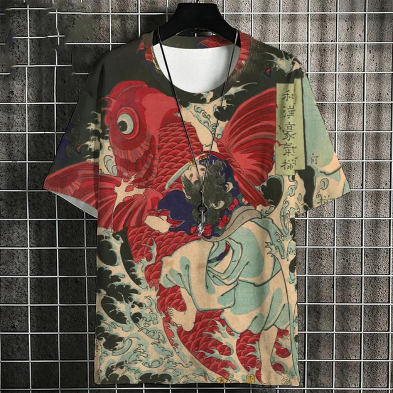 Ukiyo-E T-Shirt For Men Japanese Koi Carp Pattern Tshirts Casual Unisex Top Breathable Comfortable Summer New Oversized Clothing
