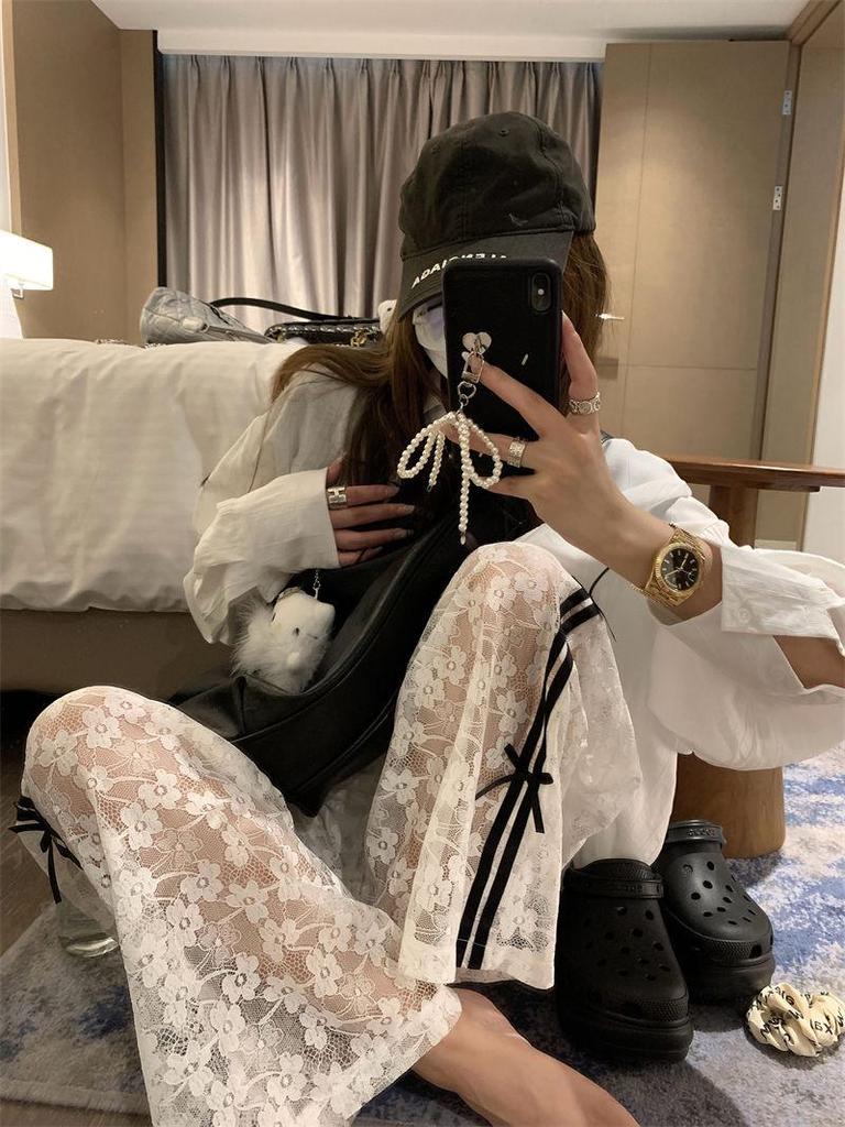 Women's Summer Color Block Lace Patchwork Bow Wide-Leg Pants