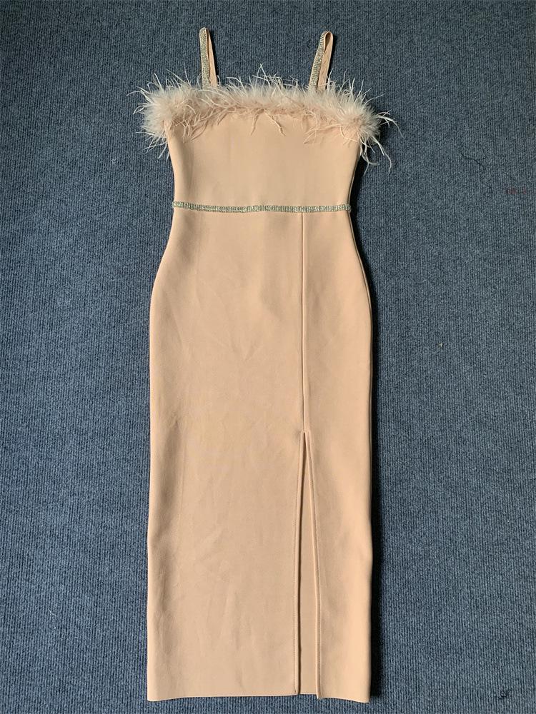 "European & American Women's Sexy Celebrity Feather Slit Bandage Midi Dress with Diamonds"