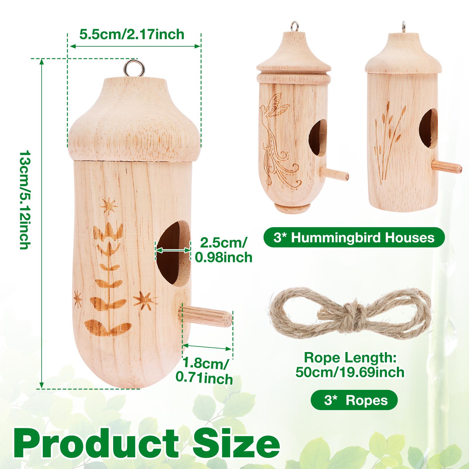 3 Pcs Hummingbird House Wooden Hanging Bird House with String Handmade Nest Wild Bird House for Outdoor Yard Garden Decoration