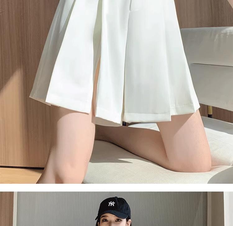 2024 New Black High-Waisted Pleated Wide-Leg Shorts - Slimming, Casual, Slit Design