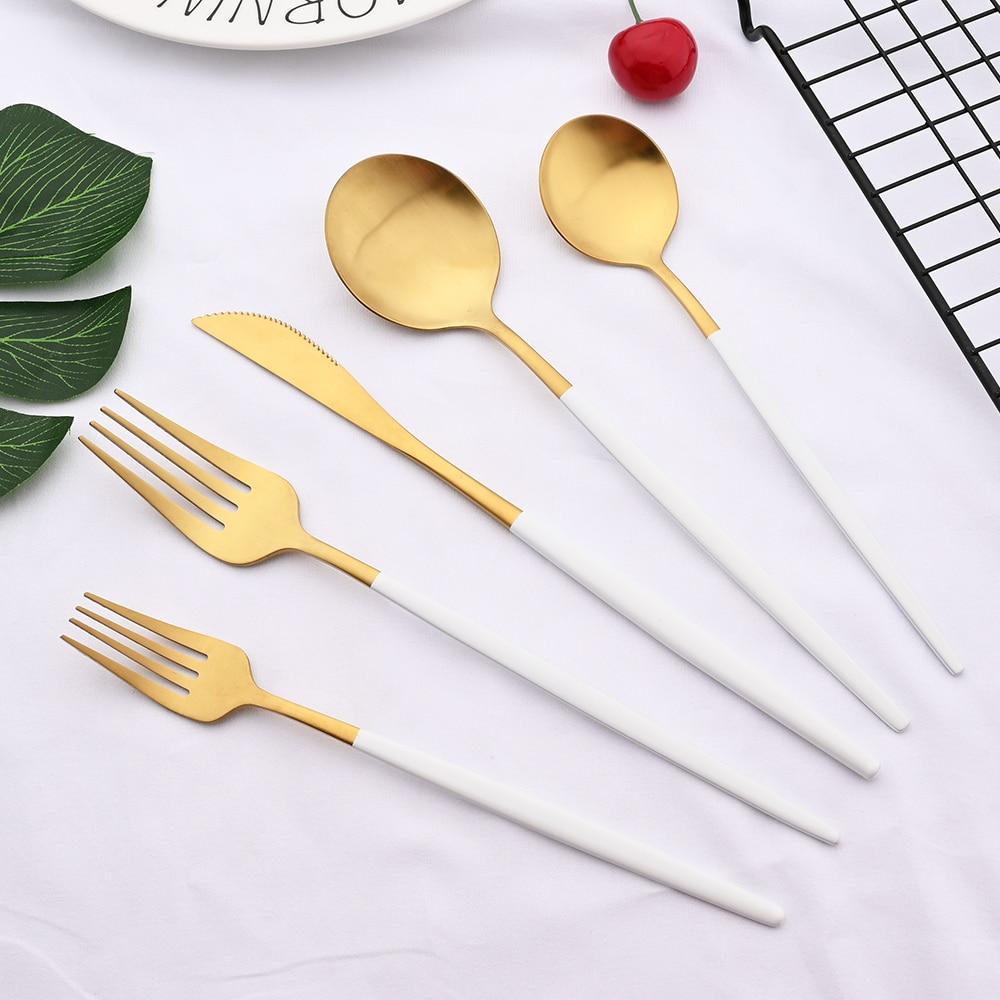 5Pcs/Set Pink Gold Tableware Stainless Steel Matte Dinnerware Cutlery Set Flatware Knife Dessert Fork Spoon Kitchen Accessories For Home