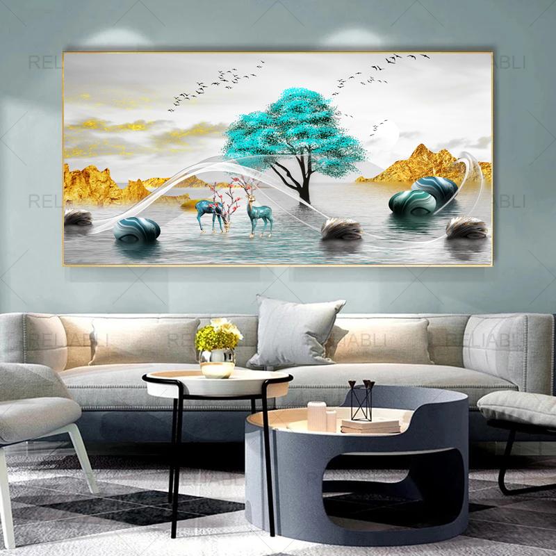 Modern Abstract Decorative Painting Deer Tree Ribbon Canvas Prints Wall Art Pictures for Living Room Light Luxury  Home Decor