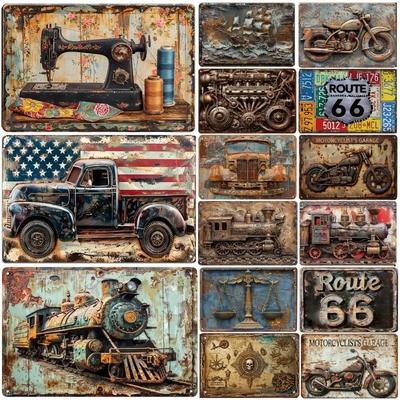 Póster Vintage 3D Coche Clásico Tren Letrero de Metal de Hojalata Placa Hotel Cafetería Panel de Pared Garaje Club Cueva de Hombre Decoración de Bar
