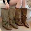 Travel Boots~ Cowboy Boots Women'S Soft Leather Brown Thin Tall Pointed Straps Stacking Boots Large Size Knight Boots