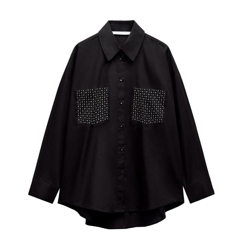 

Для осени новая рубашка с длинным рукавом, лацканами, в стиле ретро, с диким темпераментом, украшенная заклепками, свободного поплина 3666137 Black L