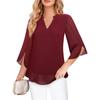 Women V Neck Chiffon Blouse With Split Three Quarter Sleeves Casual Layered Top