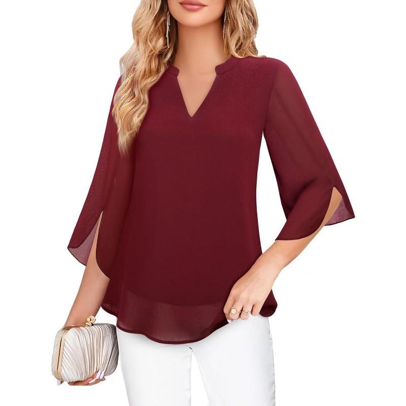 Women V Neck Chiffon Blouse With Split Three Quarter Sleeves Casual Layered Top