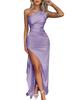Sexy One-shoulder Pleated Slit-front Short-sleeved Satin Dress with A Summery Elegant Vibe