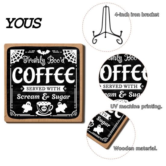 Decorative Signs with Metal Stands Halloween Coffee Bar Wooden Sign Iron Display Stand for Corner Kitchen Station Accessories Tabletop Decor,