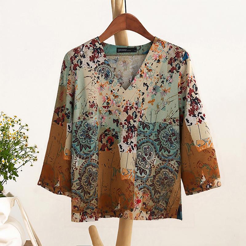 ZANZEA Blusa Casual de Mujer con Cuello en V Suelta Manga 3/4 Estampada