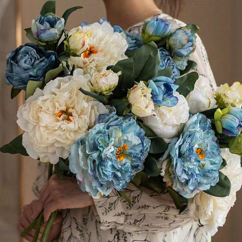 Oil Painting Peony Simulation Flower Light Luxury High-end Fake Bouquet Retro Ornament Living Room Dining Table Home Ornament Photo Fake Flower