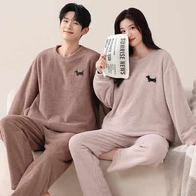 Half Fleece Couple Pajamas Autumn And Winter Coral Fleece Thickened Fleece Warm Suit Men'S And Women'S Casual Pullover Loungewear