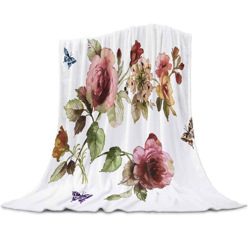Blue Flower Watercolor Painting Throw Blanket Portable Soft Sofa Blanket Warm Flannel Blanket for Beds Sofa Couch King Full Size
