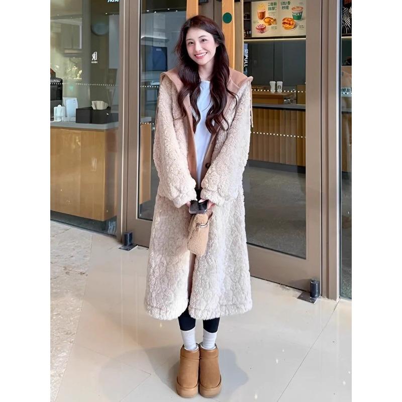 Korean Lazy Style Lamb Wool Winter Thick Warm Women Long Coat Faux Two Piece Jacket