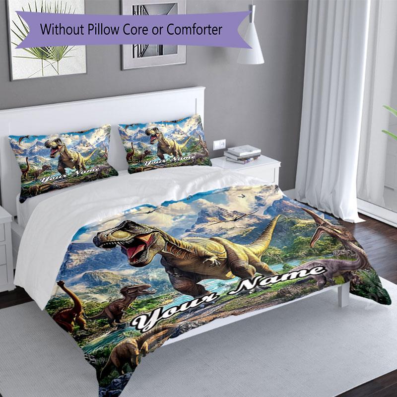 3PC Custom Name Dinosaur Adventure Mountains Bedding Set Duvet Cover Closure Includes 1 Duvet Cover & 2 Pillowcases for Bedroom