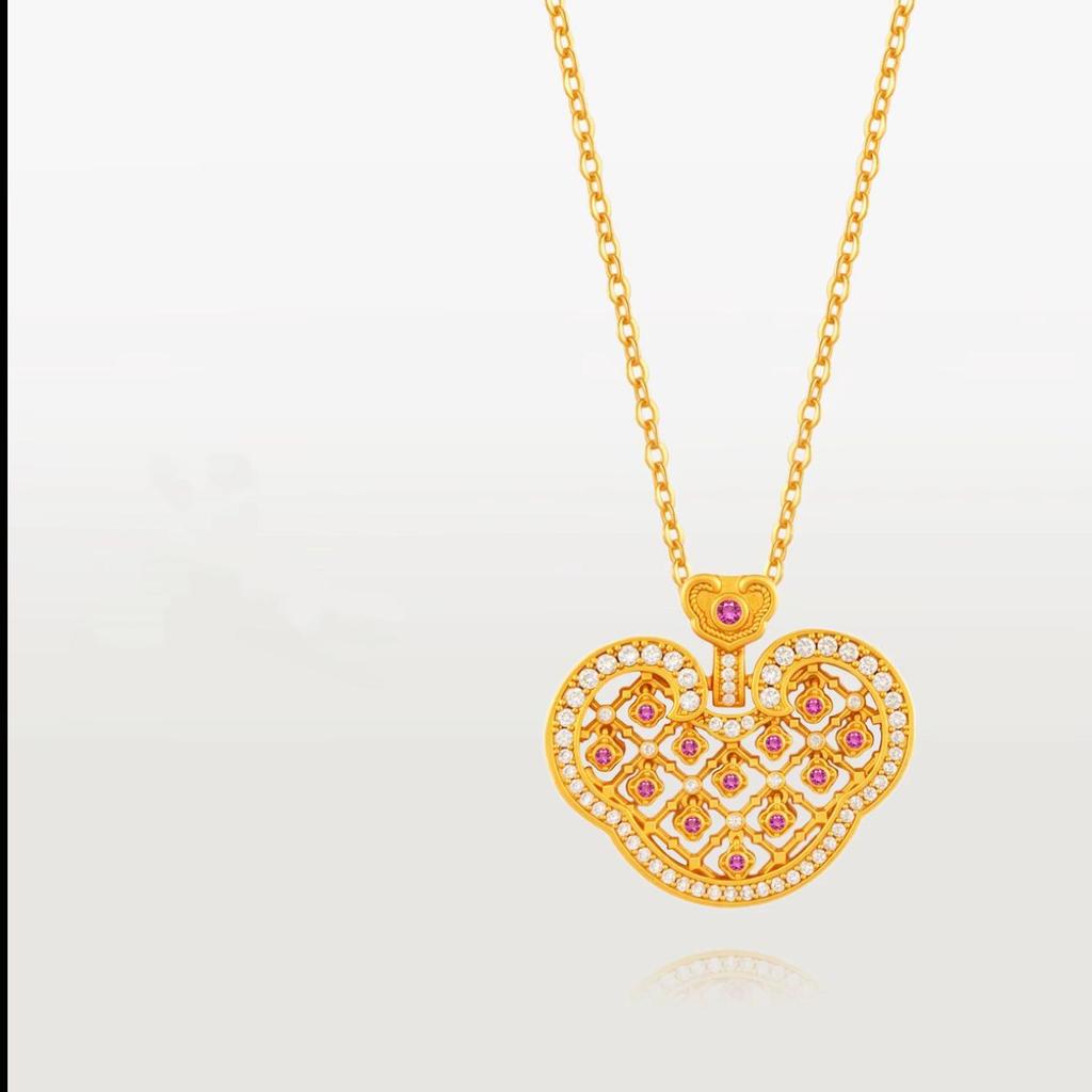 Gold Sand Eight Treasures Compass Pendant Necklace with Gourd Charm for Women