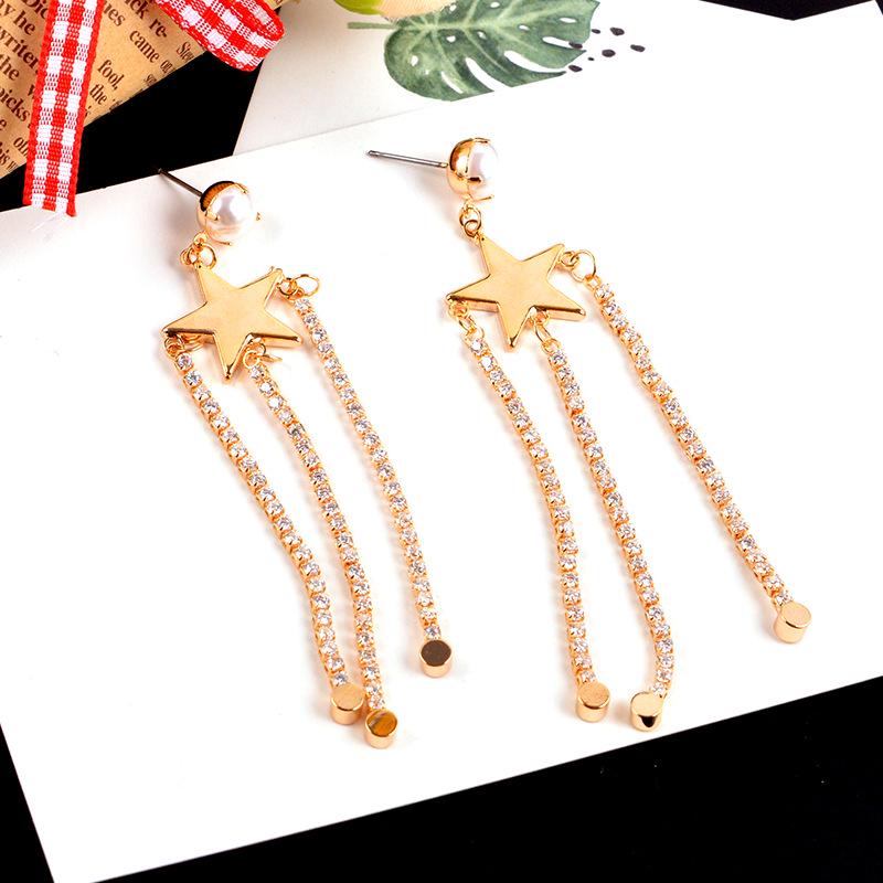 Simple Geometric Asymmetrical Earrings With Diamond Studs, Pentagonal Star Long Fringed Earrings, Earrings.