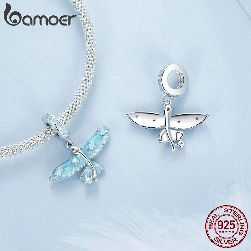 Bamoer 925 Sterling Silver Modrý Smalt Přívěsek Létající Ryba Přívěsek Pave Nastavení CZ pro ženy Náramek a náhrdelník DIY doplňky