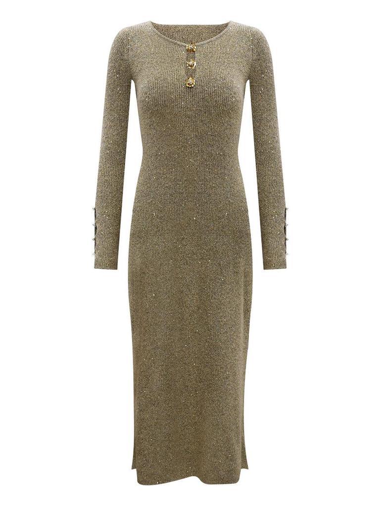 Luxurious Sparkle Wool Slim Fit Mermaid Knit Dress with Boat Neck and Floral Cutout Buttons