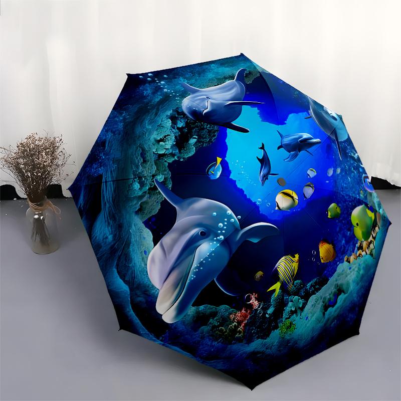 Underwater Paradise: Dolphin & Coral Reef Wall Decal for Ocean Lovers Umbrella - Cute 3-Fold Compact Umbrella with Vibrant Und