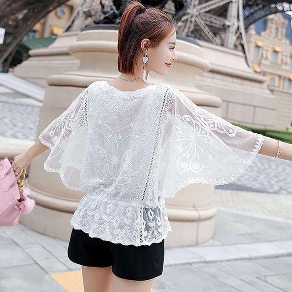 WTEMPO Women's Spring Summer Hollow-out Breathable Shirts Female Retro Elegant Casual Loose Thin Lace Patchwork Tops