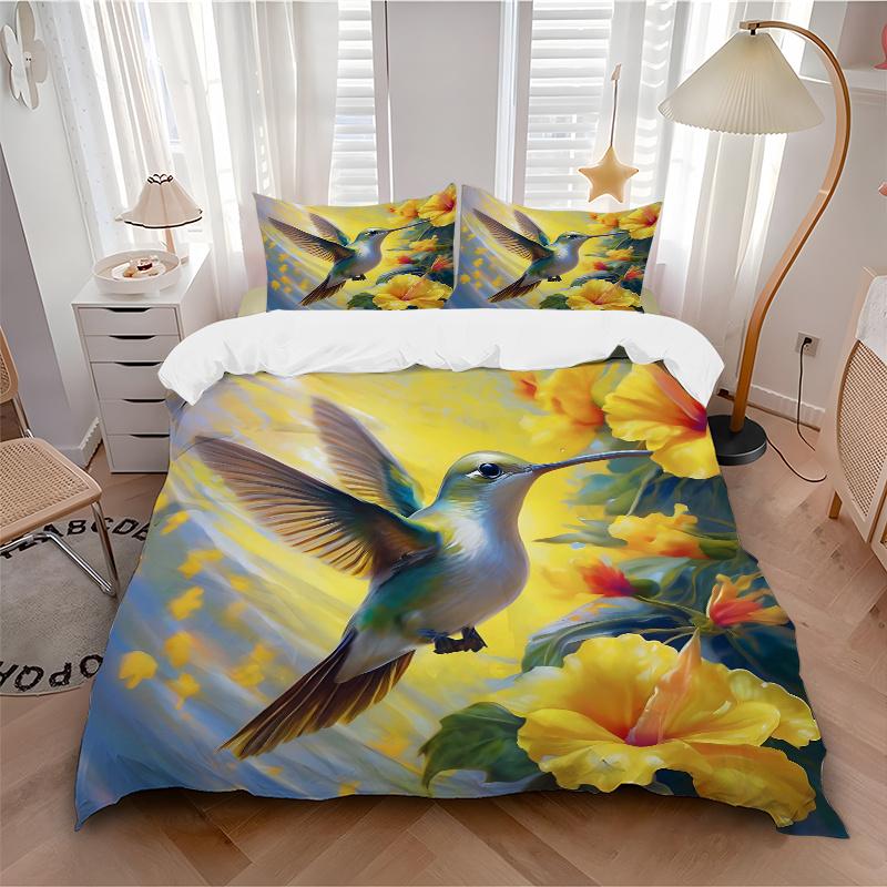 3pcs Yellow Flowers & Hummingbird Pattern Bedding Set, 1* Cover + 2*Pillowcases, Printed Bedding Set, Soft