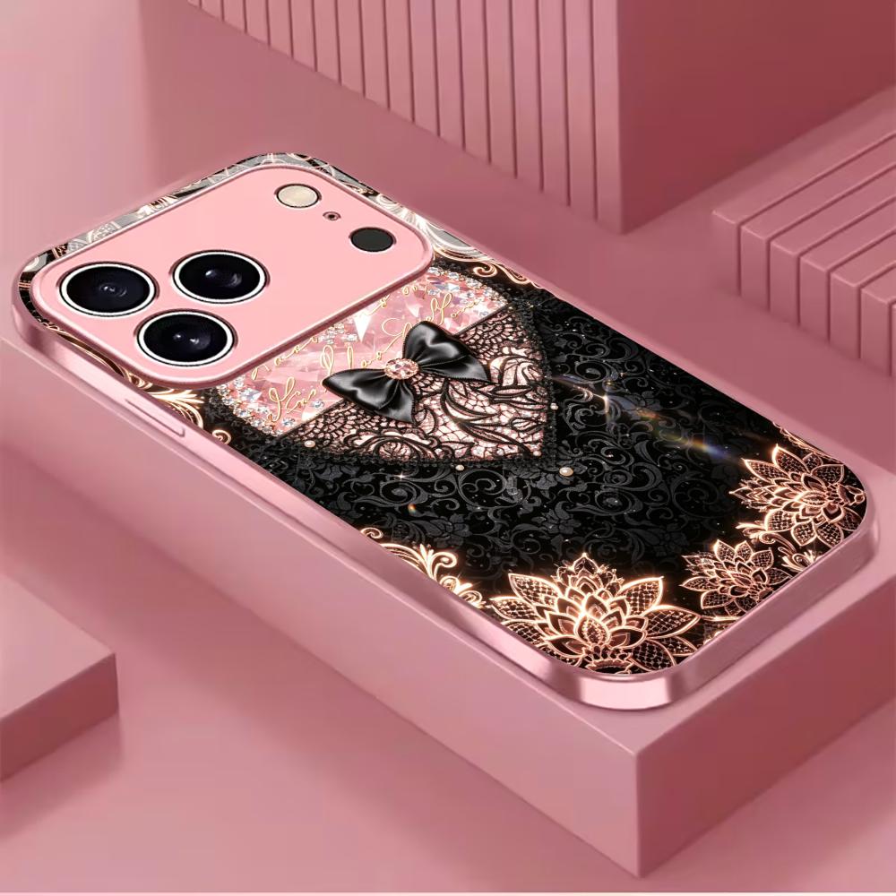 Lace diamond heart shape phone case for funda iphone for iphone 17 pro max cover glass for iPhone 17 16 15 14 13 12pm Pro Plus