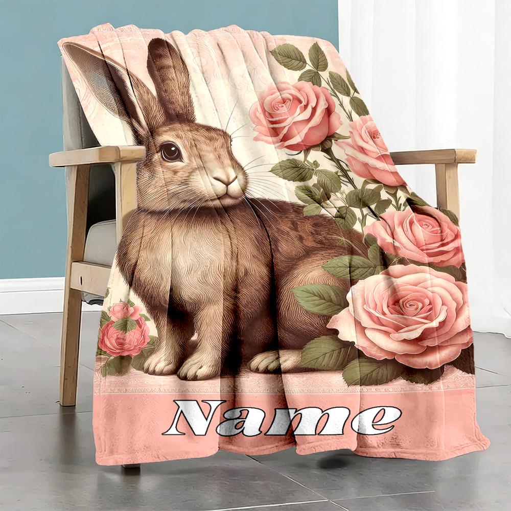 Rabbits Roses Personalized Text Blanket Lightweight Customizable Blanket Durable Comfort Throw For Office Chair Living Room Seaside Home Decor