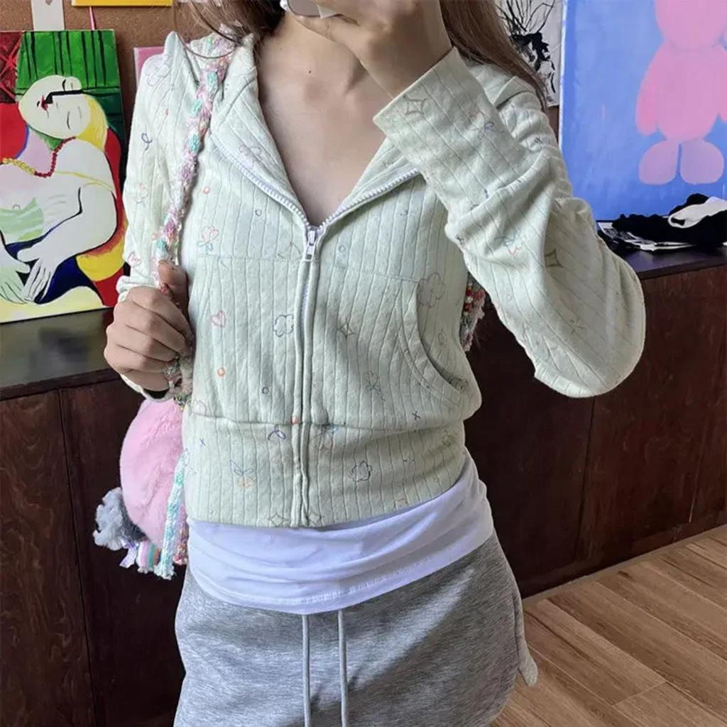 VAYLA Süße Sweatshirts mit floralem Print, neue Slim-Fit-Oberteile für Damen, Y2k Grunge, langärmlige Cardigan-Jacken mit Reißverschluss