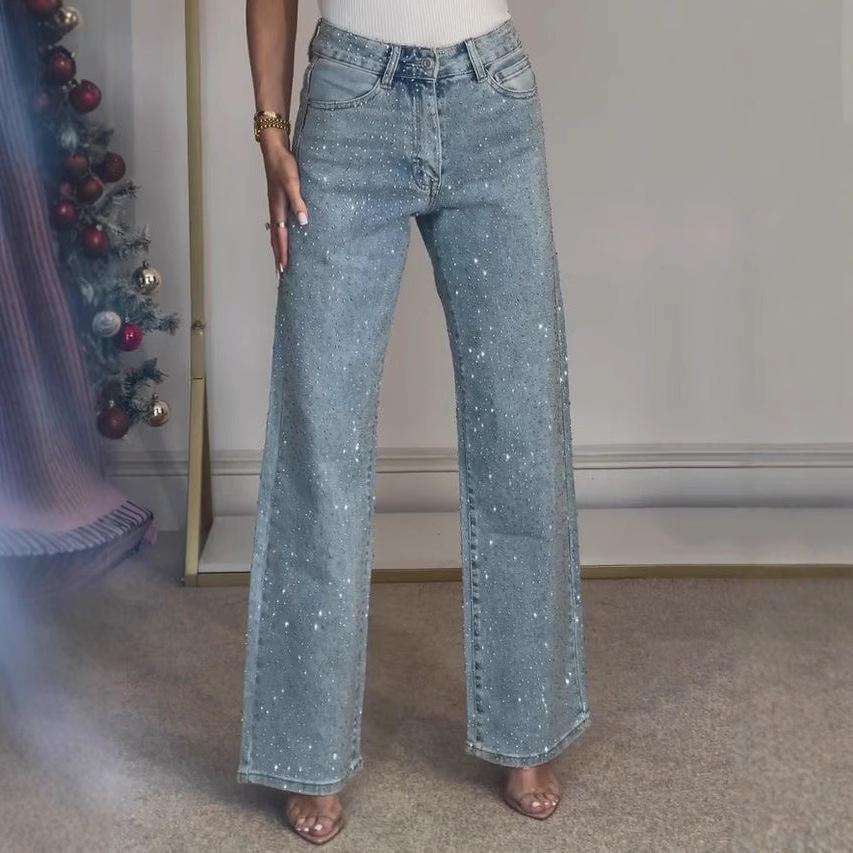 Jeans Dritti a Vita Alta da Donna con Strass su Tutta la Superficie Denim Lavato ad Alta Elasticità Pantaloni Larghi Lunghi Streetwear di Lusso S-3XL