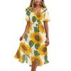 Women’s Short Sleeve V Neck Midi Dress with Sunflower Floral Print Casual Loose Fit Lightweight Summer Dress