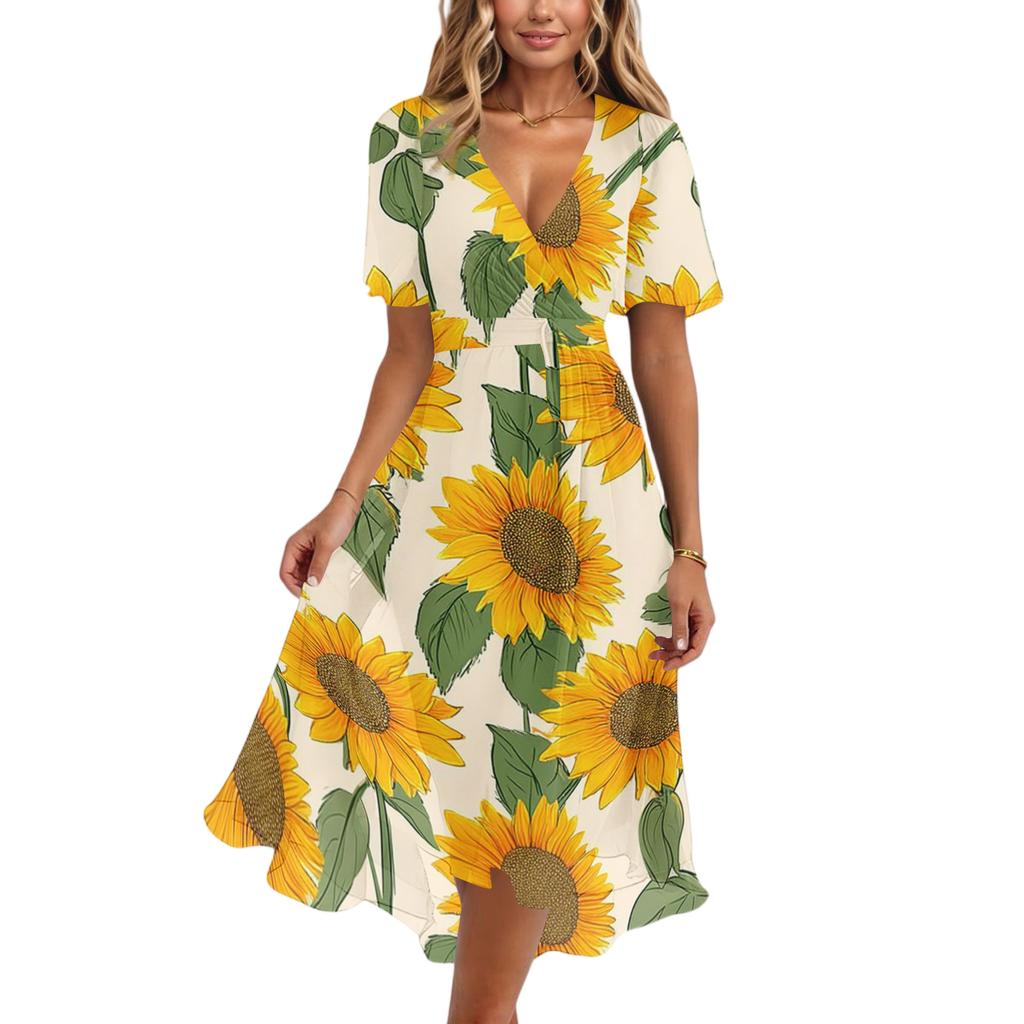 Women’s Short Sleeve V Neck Midi Dress with Sunflower Floral Print Casual Loose Fit Lightweight Summer Dress