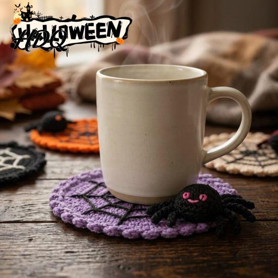 Coffee And Tea Cup Coaster Halloween Spider Web Coaster Handmade Crochet Heat Resistant Drink Mat for Crocheted Yarn Pad Table Spooky Gothic