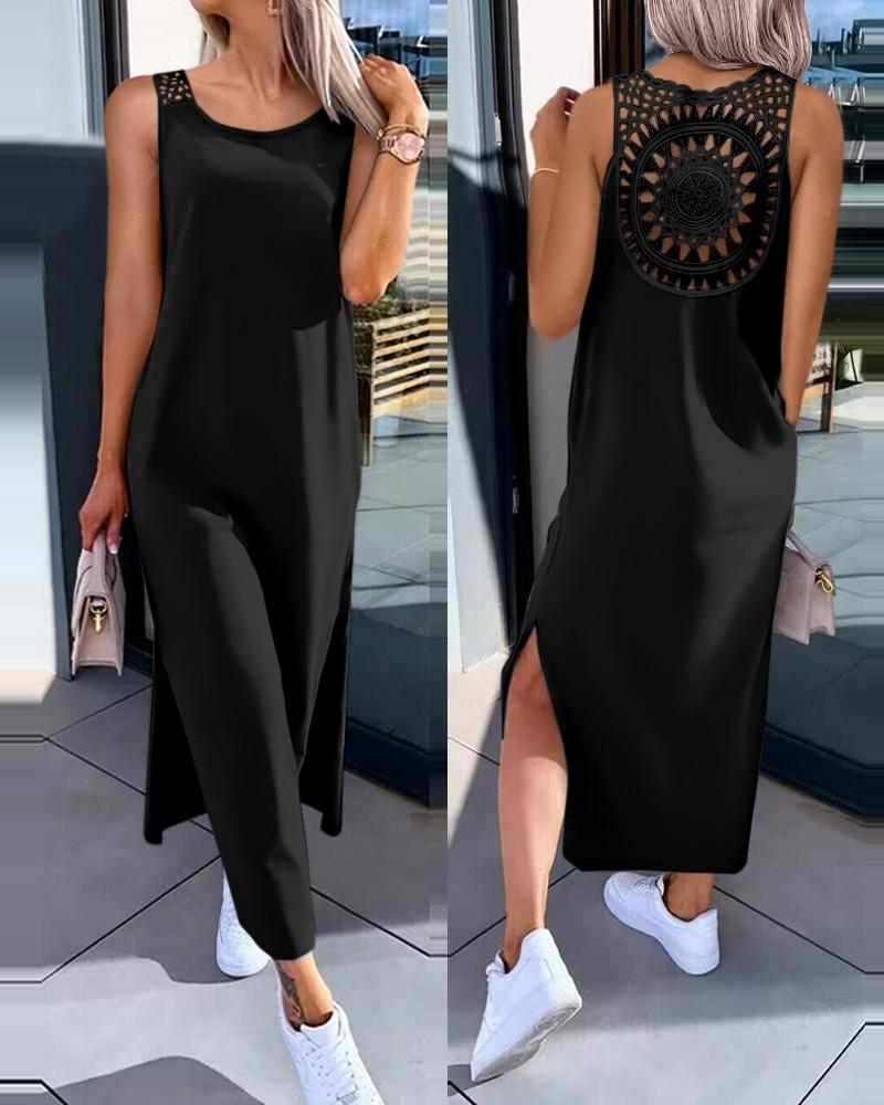 Dress summer women s new solid color back lace sleeveless vest skirt women S чёрный