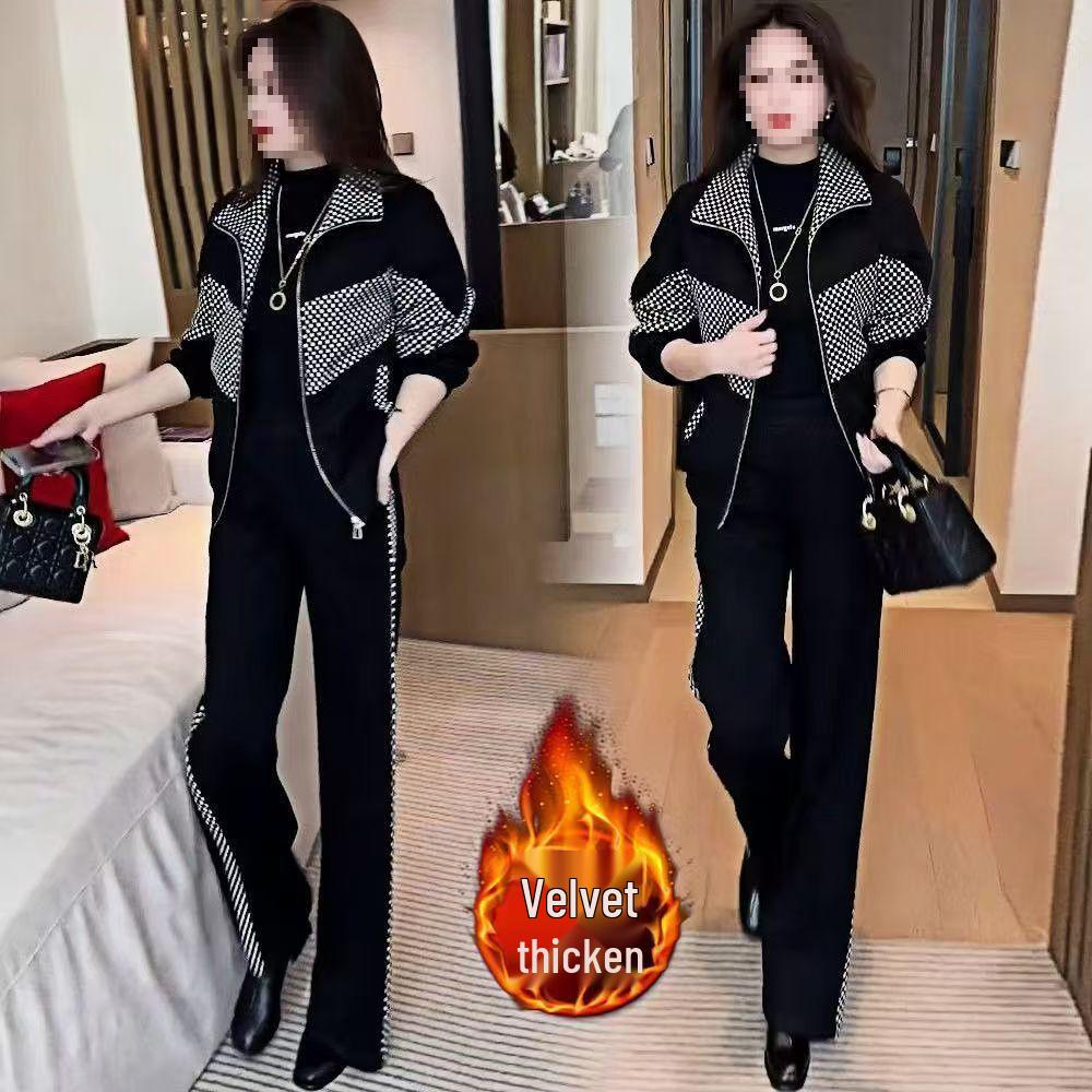 Velvet Plaid Patchwork Women's Suit: Trendy Fall/Winter Age-Reducing Two-Piece Set