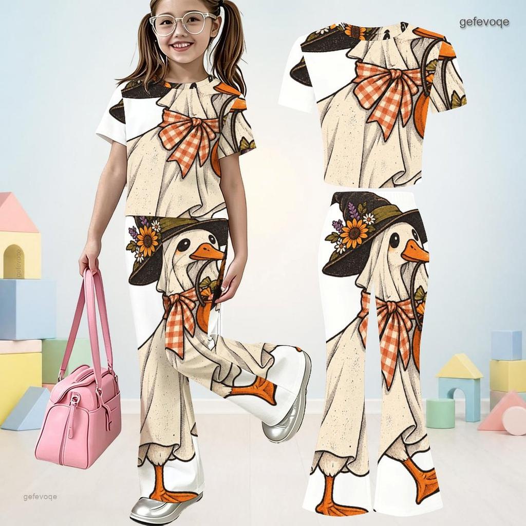 Girls Owl Book Printed Round Neck Short Sleeve Top Flared Pants Two Piece Set