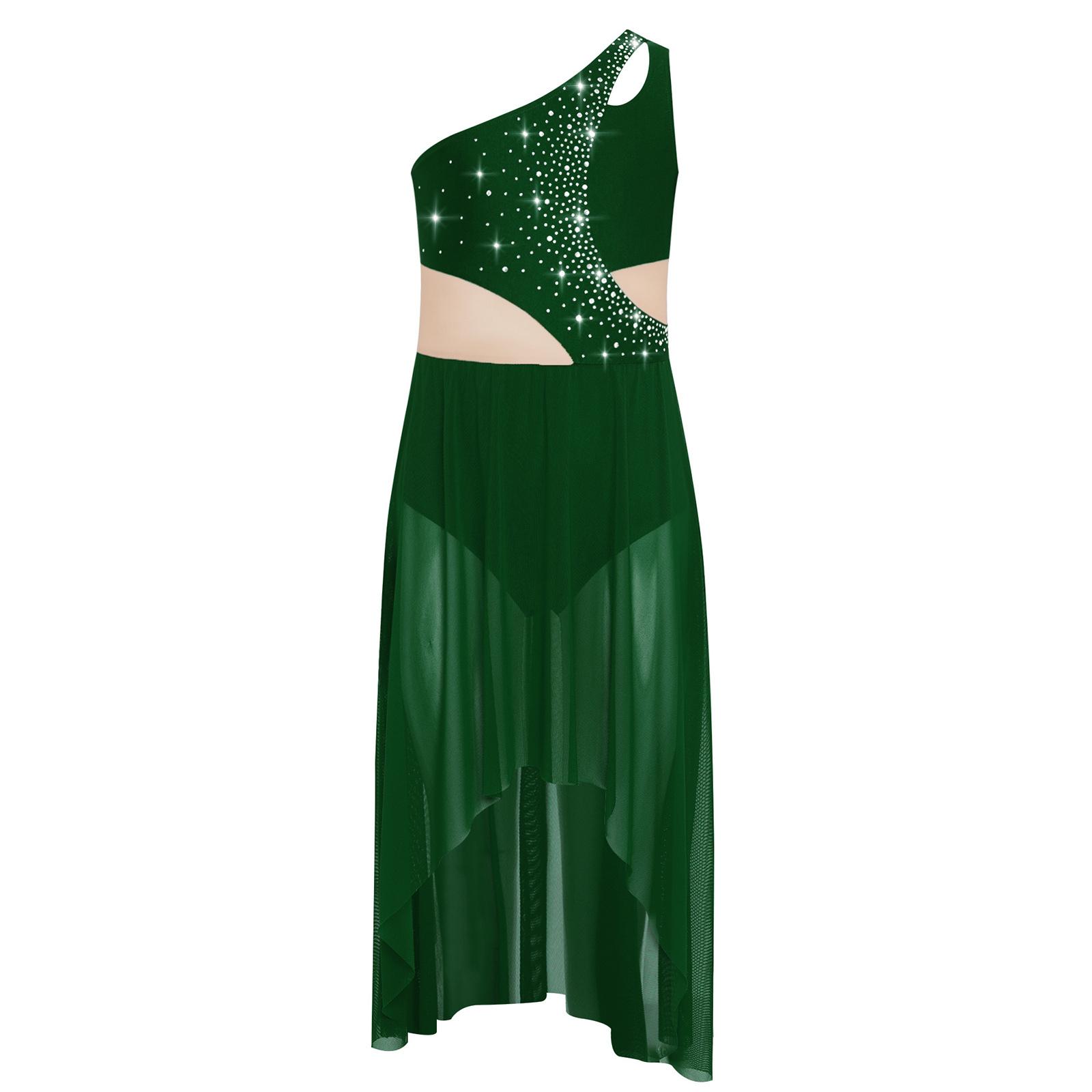 

Girls One Shoulder Sleeveless Dance Dress Shiny Rhinestones High Low Flowy Mesh Lyrical Performance Costume