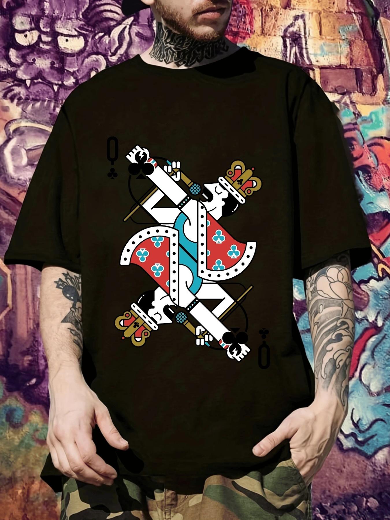 

Casual Short Sleeve T-shirt with Queen of Spades Graphic Print - Black with Vibrant Red & White Design S