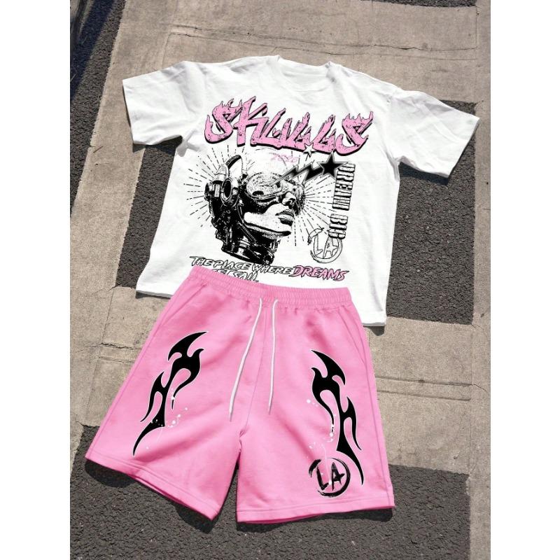 Letni Męski Modny Oddychający Wygodny T-shirt z Nadrukiem Litery Okrągły Dekolt Komplet Szortów Outdoorowy Casualowy Top