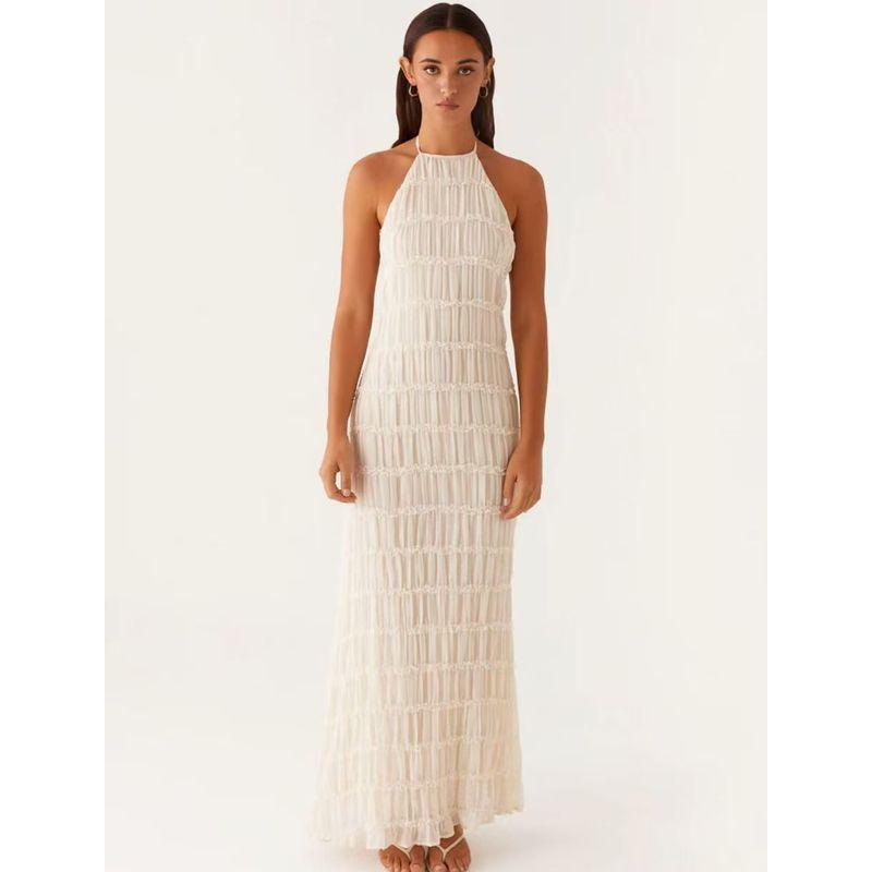 

Western Style New Sexy Hanging Neck Backless Pleat Beach Vacation Dress Backless Sexy Dress White L