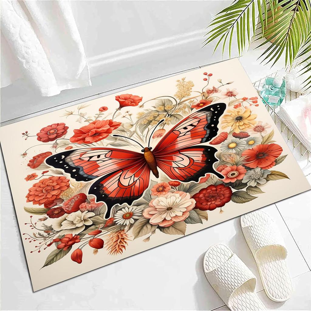 Wild Animal Butterfly Carpet Spring Garden Plant Floral Rug for Bedside Sofa, Botanical Flower Floor Mat Home Entrance Doormat