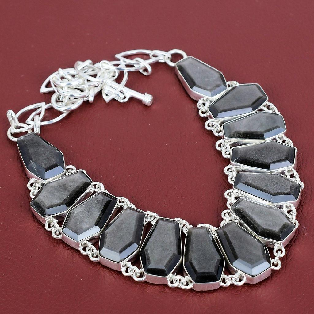 Faceted Silver Sheen Obsidian Necklace 925 Sterling Silver Necklace Adjustable Chain Necklace Handmade Jewelry Gemstone Necklace for Gifts