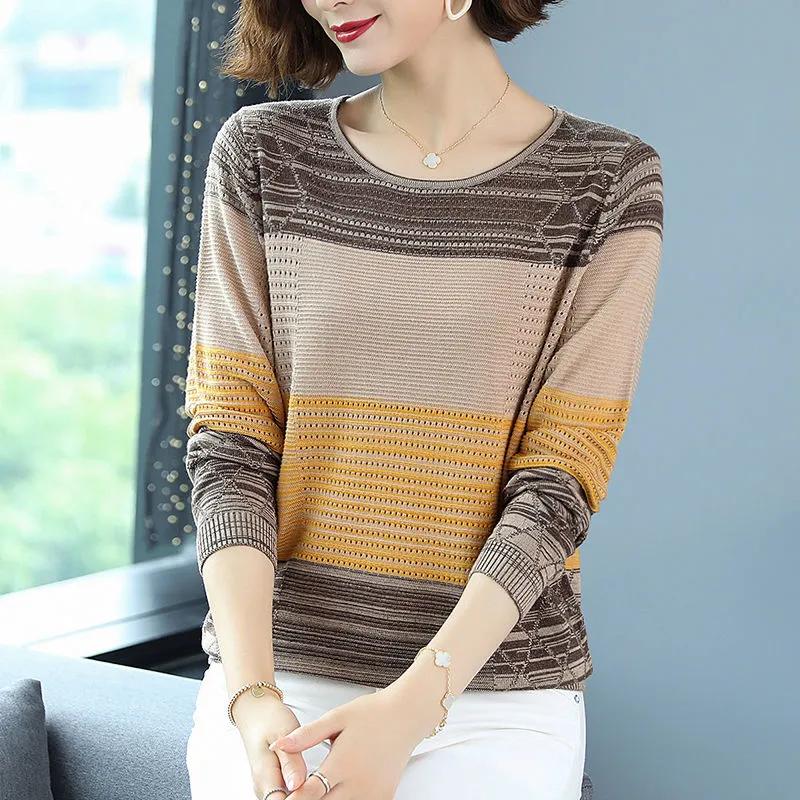 

Весенне-осенняя вязаная базовая футболка большого размера с круглым вырезом и длинными рукавами, женский топ XXXL